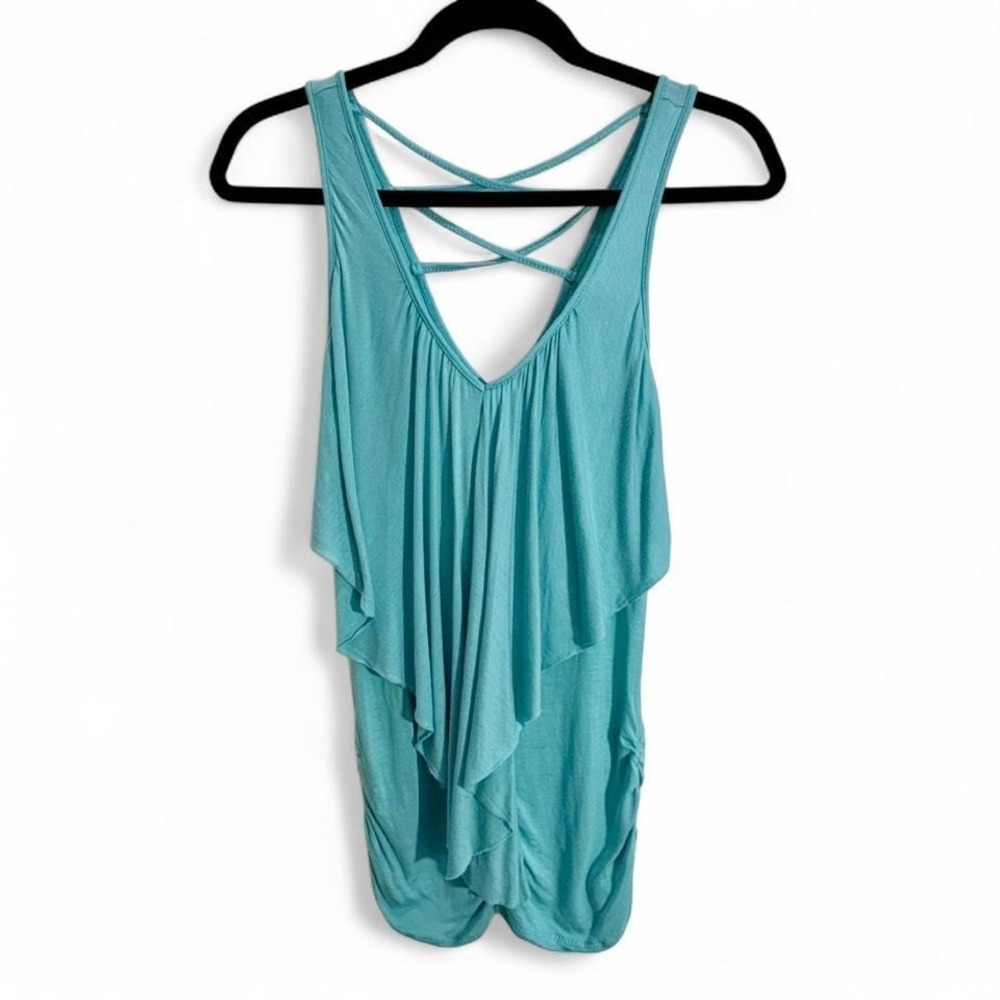 Vintage Wet Seal Y2K Tank Top Aqua Ruffle Ruched with criss cross back Size S